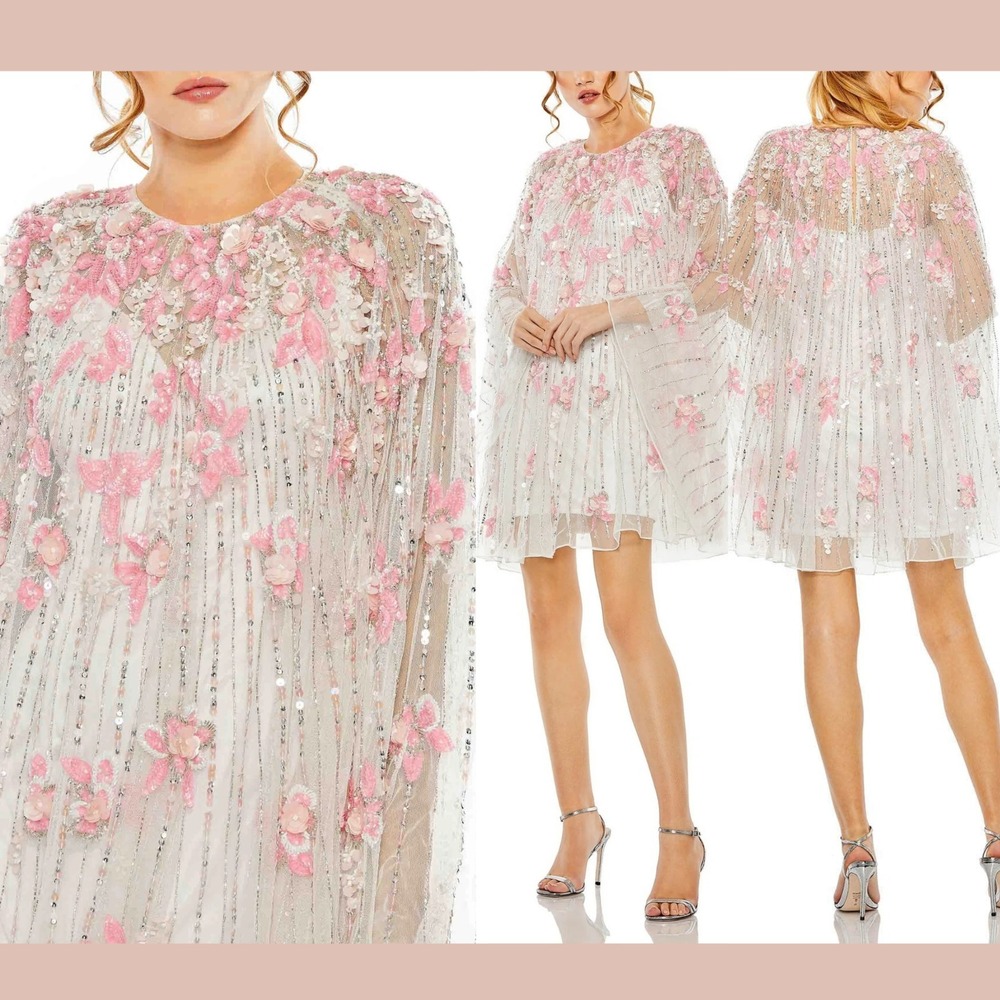 NWT Mac Duggal [ 2 ] 5917 High Neck Embellished Trapeze‎ Dress Ivory Pink S2142